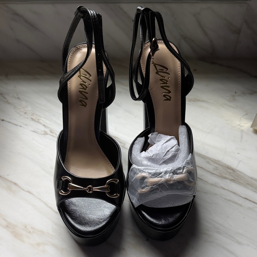 Liliana Black Strappy Heels with Gold Accent-size 8